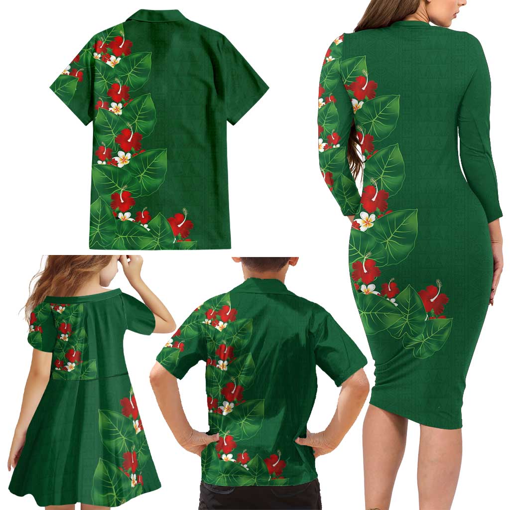 Hawaiian Taro Leaves-Hibiscus and Plumeria Family Matching Long Sleeve Bodycon Dress and Hawaiian Shirt Polynesian Art-Kakau Tattoo Green LT03 - Polynesian Pride