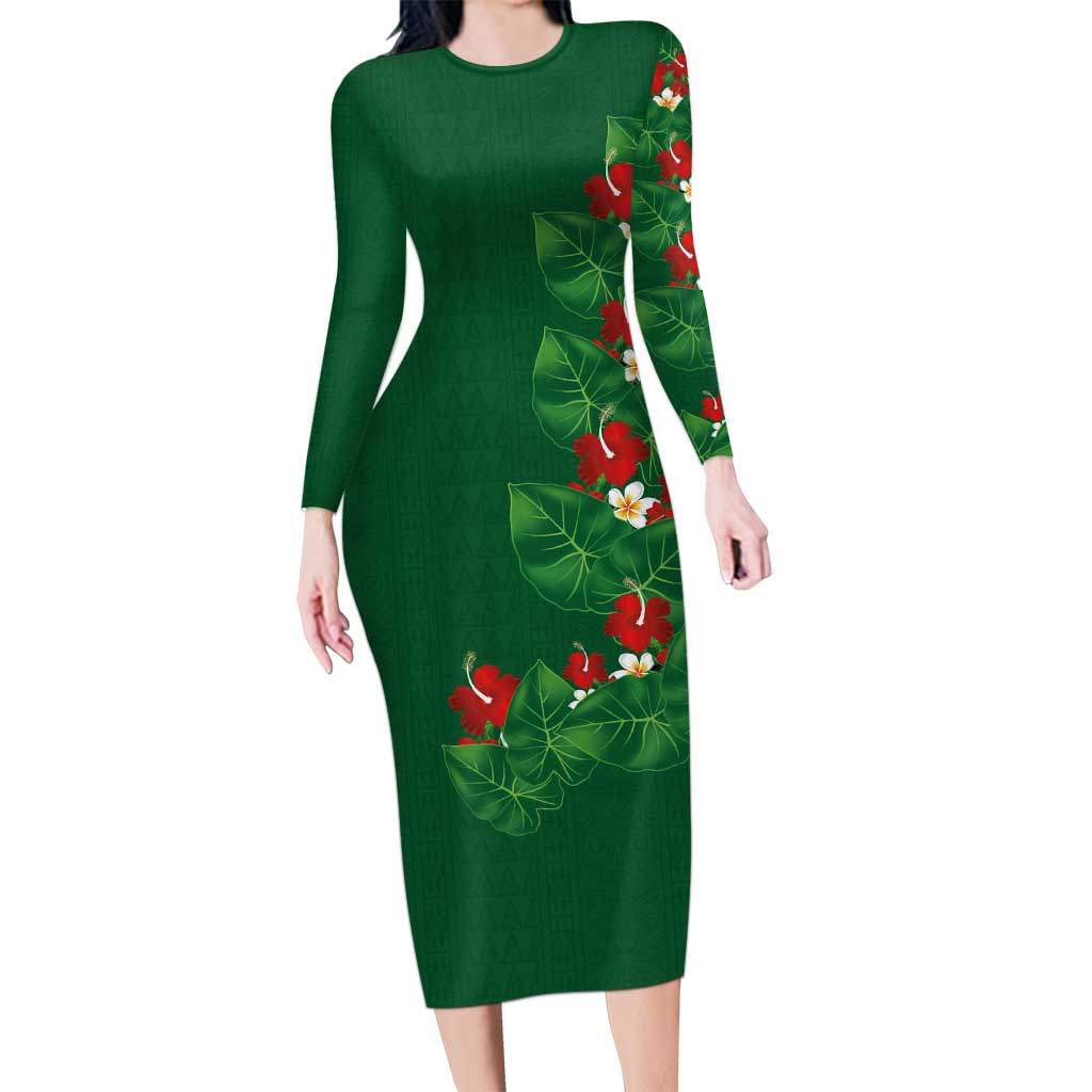 Hawaiian Taro Leaves-Hibiscus and Plumeria Family Matching Long Sleeve Bodycon Dress and Hawaiian Shirt Polynesian Art-Kakau Tattoo Green LT03 Mom's Dress Green - Polynesian Pride