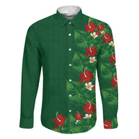Hawaiian Taro Leaves-Hibiscus and Plumeria Family Matching Off The Shoulder Long Sleeve Dress and Hawaiian Shirt Polynesian Art-Kakau Tattoo Green LT03 Dad's Shirt - Long Sleeve Green - Polynesian Pride