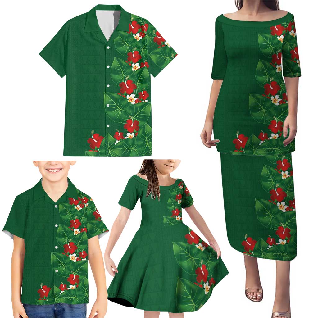 Hawaiian Taro Leaves-Hibiscus and Plumeria Family Matching Puletasi and Hawaiian Shirt Polynesian Art-Kakau Tattoo Green