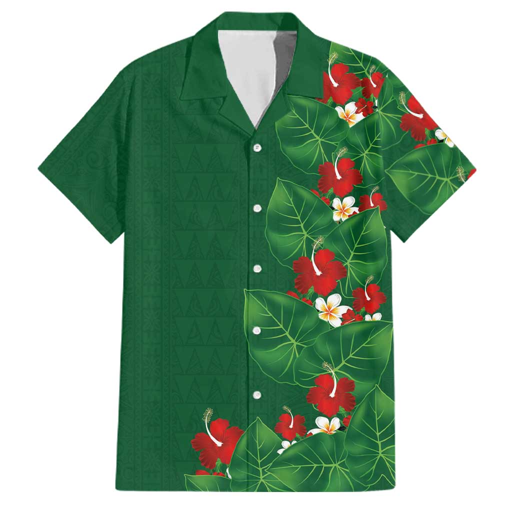 Hawaiian Taro Leaves-Hibiscus and Plumeria Family Matching Puletasi and Hawaiian Shirt Polynesian Art-Kakau Tattoo Green LT03 Dad's Shirt - Short Sleeve Green - Polynesian Pride