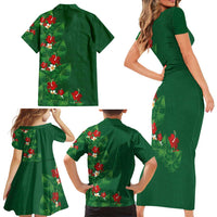 Hawaiian Taro Leaves-Hibiscus and Plumeria Family Matching Short Sleeve Bodycon Dress and Hawaiian Shirt Polynesian Art-Kakau Tattoo Green LT03 - Polynesian Pride