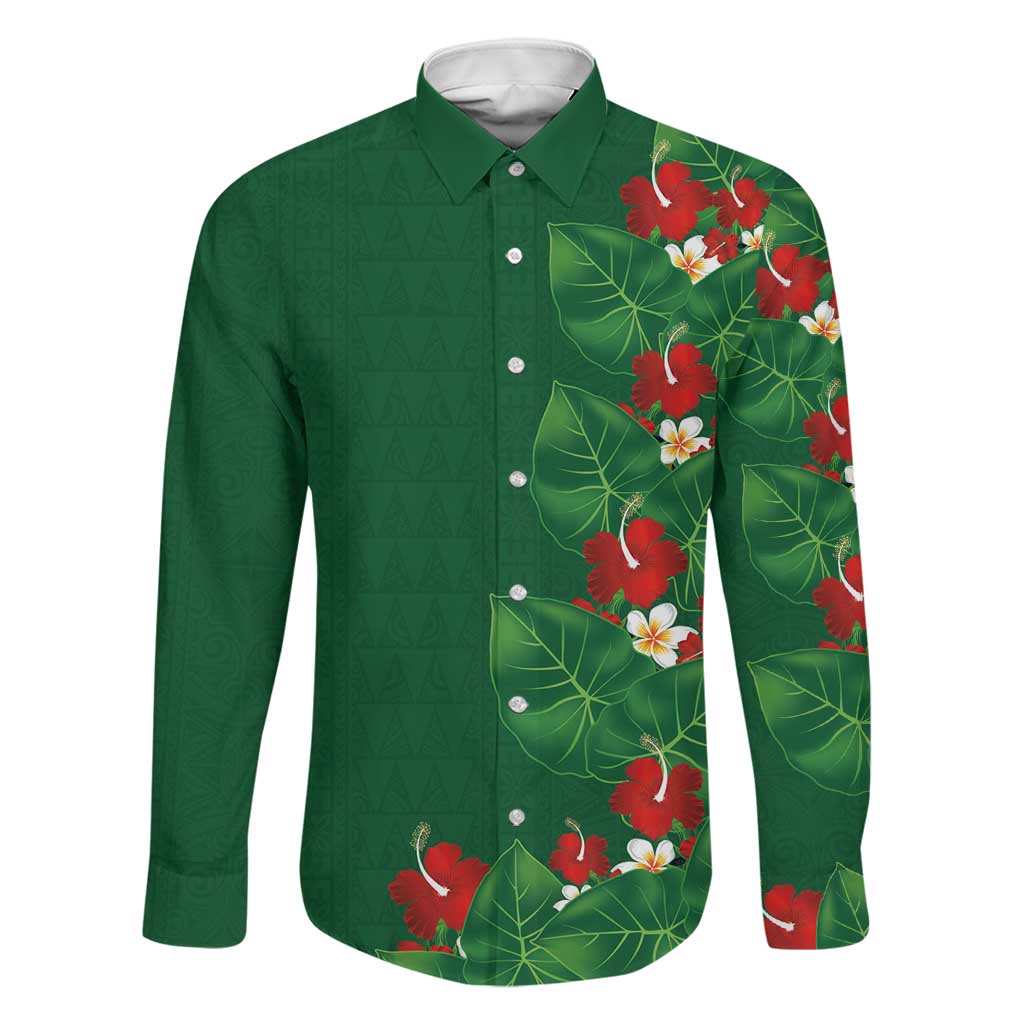 Hawaiian Taro Leaves-Hibiscus and Plumeria Family Matching Short Sleeve Bodycon Dress and Hawaiian Shirt Polynesian Art-Kakau Tattoo Green LT03 Dad's Shirt - Long Sleeve Green - Polynesian Pride