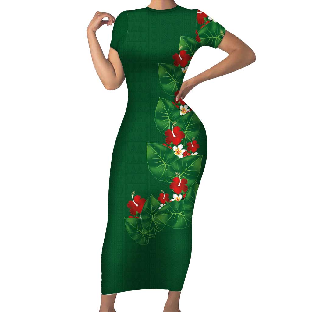 Hawaiian Taro Leaves-Hibiscus and Plumeria Family Matching Short Sleeve Bodycon Dress and Hawaiian Shirt Polynesian Art-Kakau Tattoo Green LT03 Mom's Dress Green - Polynesian Pride