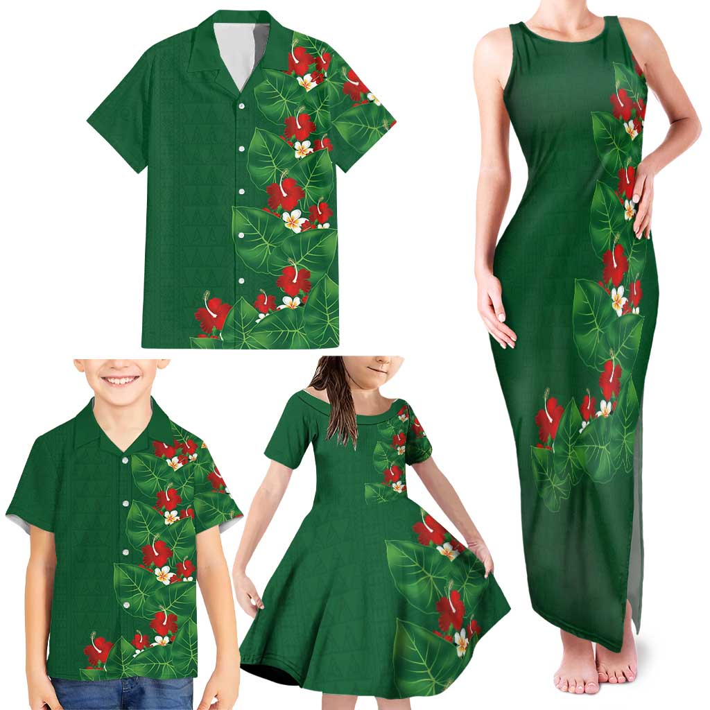 Hawaiian Taro Leaves-Hibiscus and Plumeria Family Matching Tank Maxi Dress and Hawaiian Shirt Polynesian Art-Kakau Tattoo Green LT03 - Polynesian Pride
