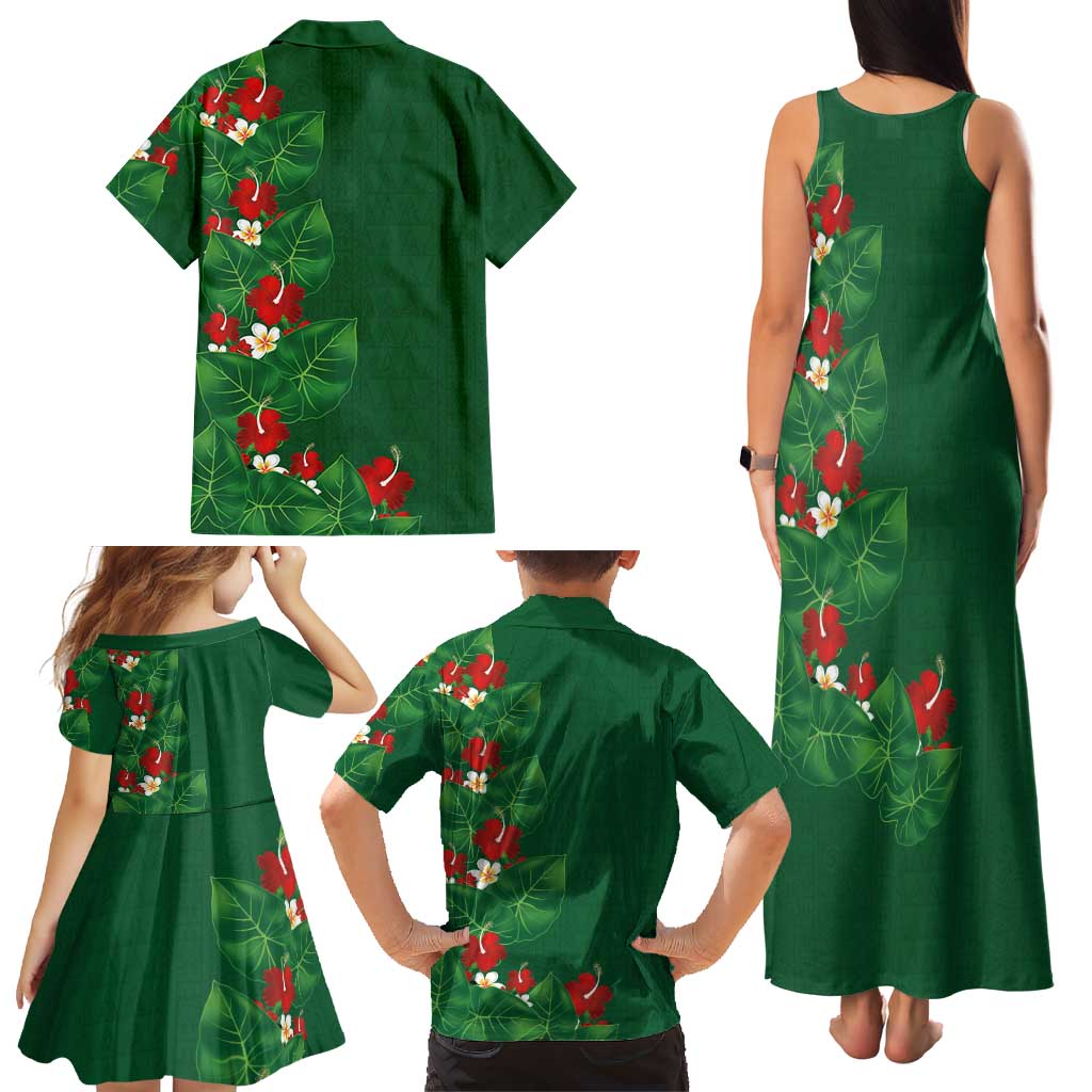 Hawaiian Taro Leaves-Hibiscus and Plumeria Family Matching Tank Maxi Dress and Hawaiian Shirt Polynesian Art-Kakau Tattoo Green LT03 - Polynesian Pride