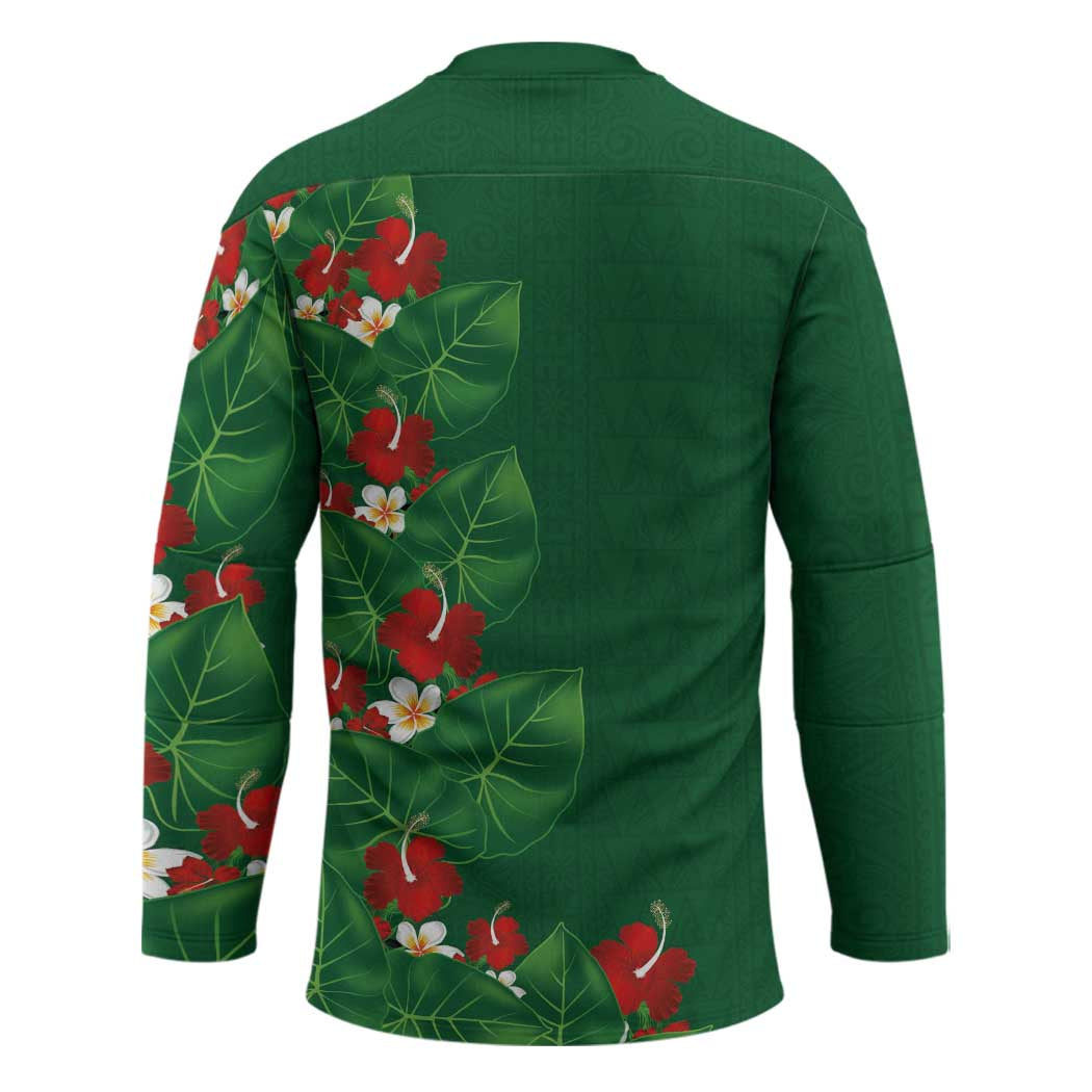 Hawaiian Taro Leaves-Hibiscus and Plumeria Hockey Jersey Polynesian Art-Kakau Tattoo Green LT03 - Polynesian Pride