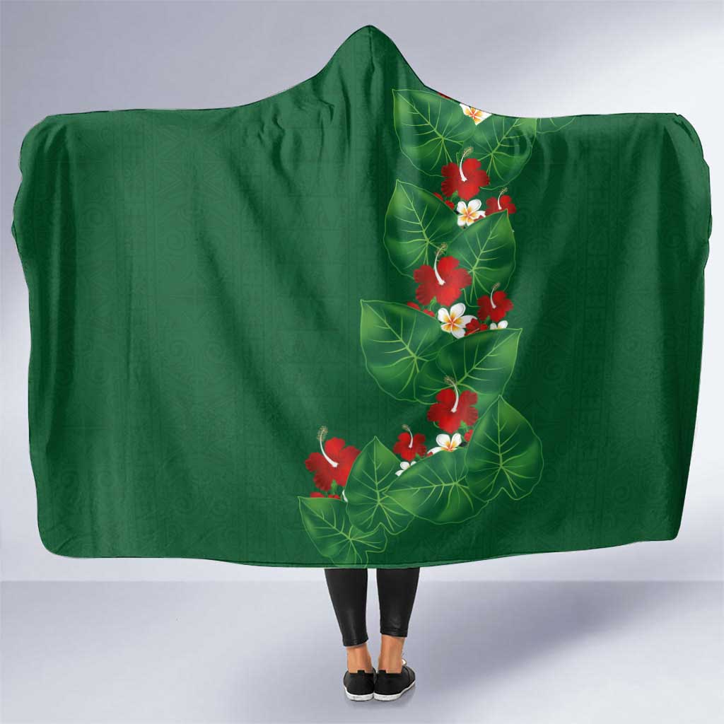 Hawaiian Taro Leaves-Hibiscus and Plumeria Hooded Blanket Polynesian Art-Kakau Tattoo Green LT03 One Size Green - Polynesian Pride