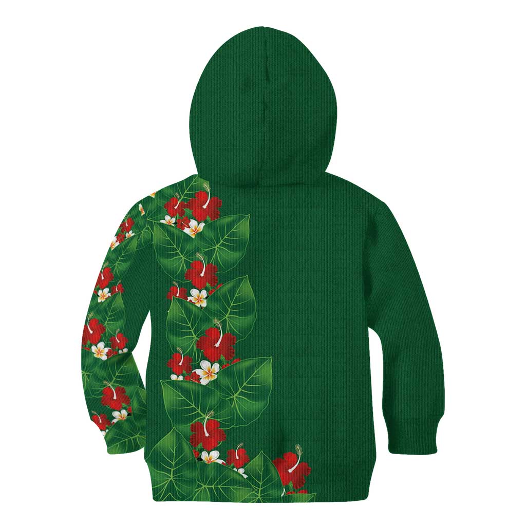 Hawaiian Taro Leaves-Hibiscus and Plumeria Kid Hoodie Polynesian Art-Kakau Tattoo Green LT03 - Polynesian Pride