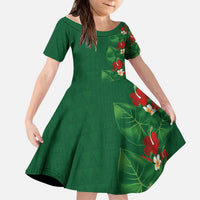 Hawaiian Taro Leaves-Hibiscus and Plumeria Kid Short Sleeve Dress Polynesian Art-Kakau Tattoo Green LT03 KID Green - Polynesian Pride