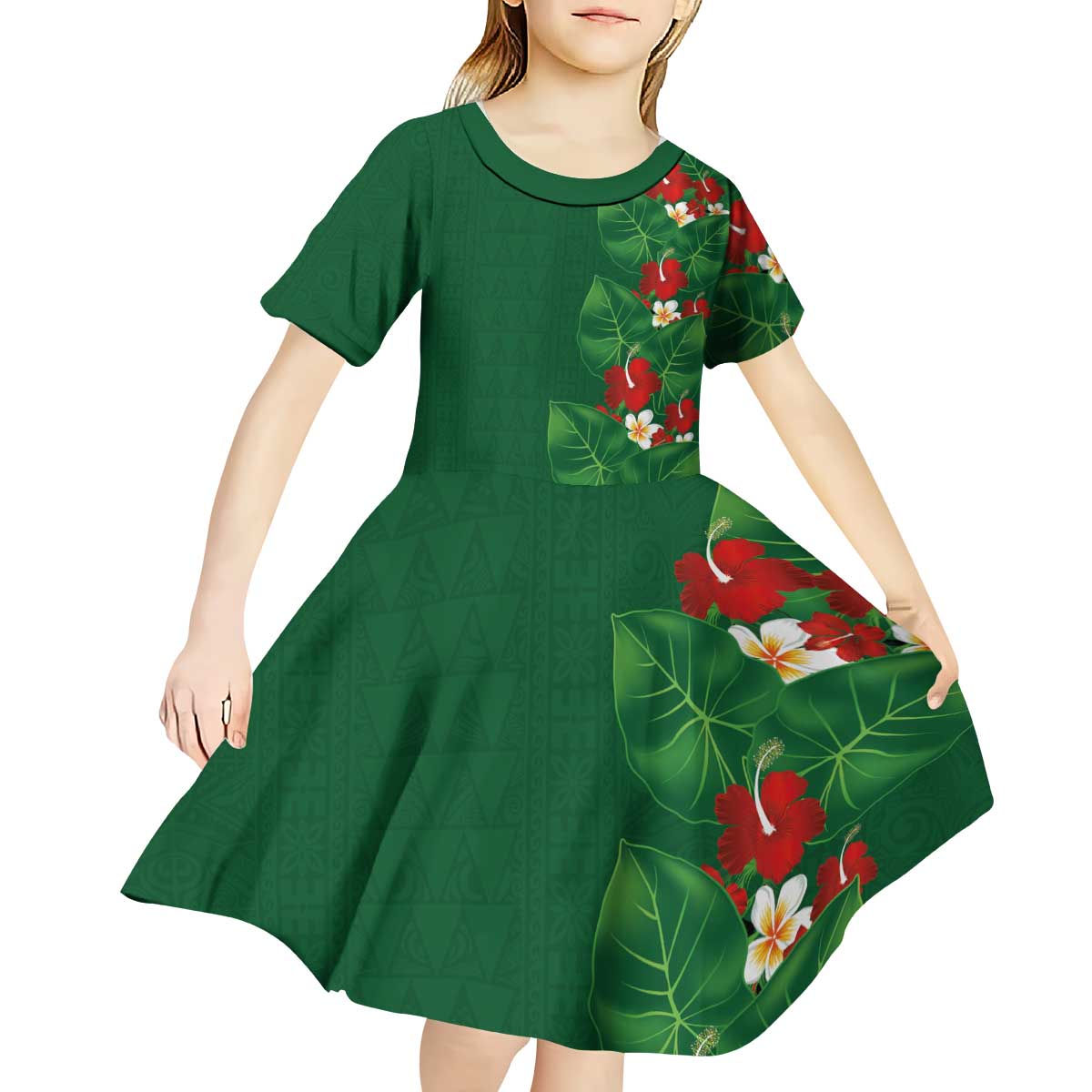 Hawaiian Taro Leaves-Hibiscus and Plumeria Kid Short Sleeve Dress Polynesian Art-Kakau Tattoo Green LT03 - Polynesian Pride
