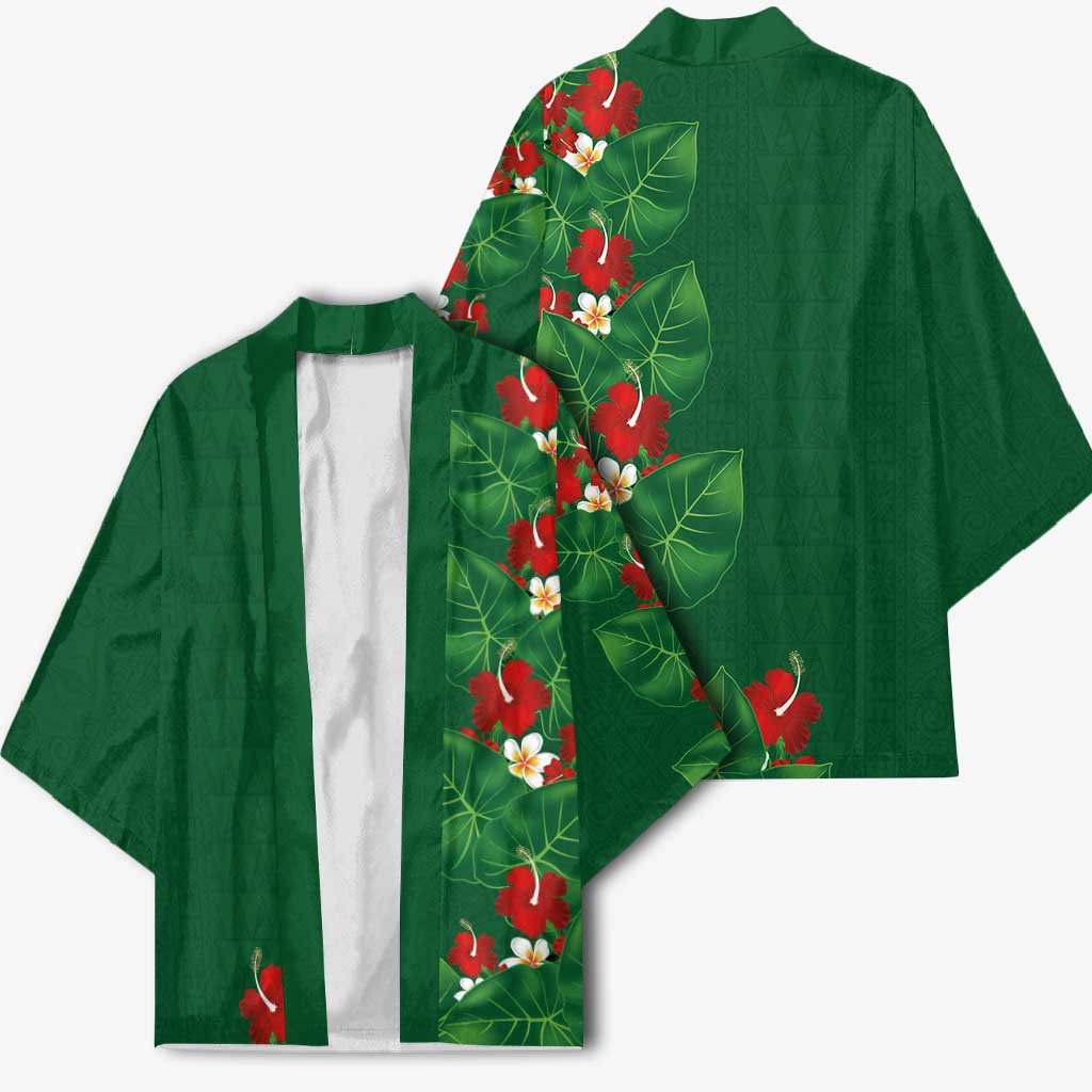 Hawaiian Taro Leaves-Hibiscus and Plumeria Kimono Polynesian Art-Kakau Tattoo Green LT03 - Polynesian Pride