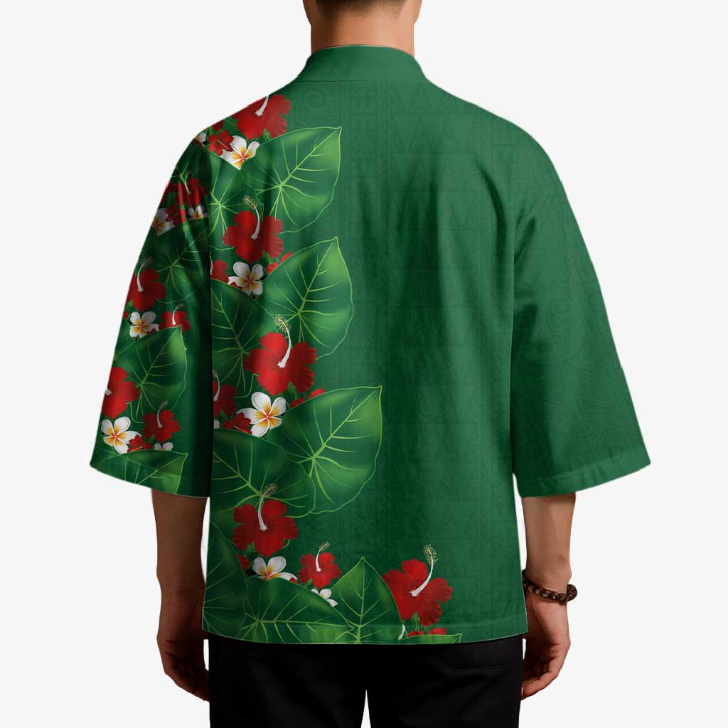 Hawaiian Taro Leaves-Hibiscus and Plumeria Kimono Polynesian Art-Kakau Tattoo Green LT03 - Polynesian Pride