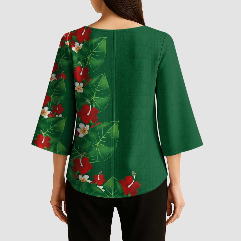 Hawaiian Taro Leaves-Hibiscus and Plumeria Kimono Sleeve Blouse Polynesian Art-Kakau Tattoo Green LT03 - Polynesian Pride