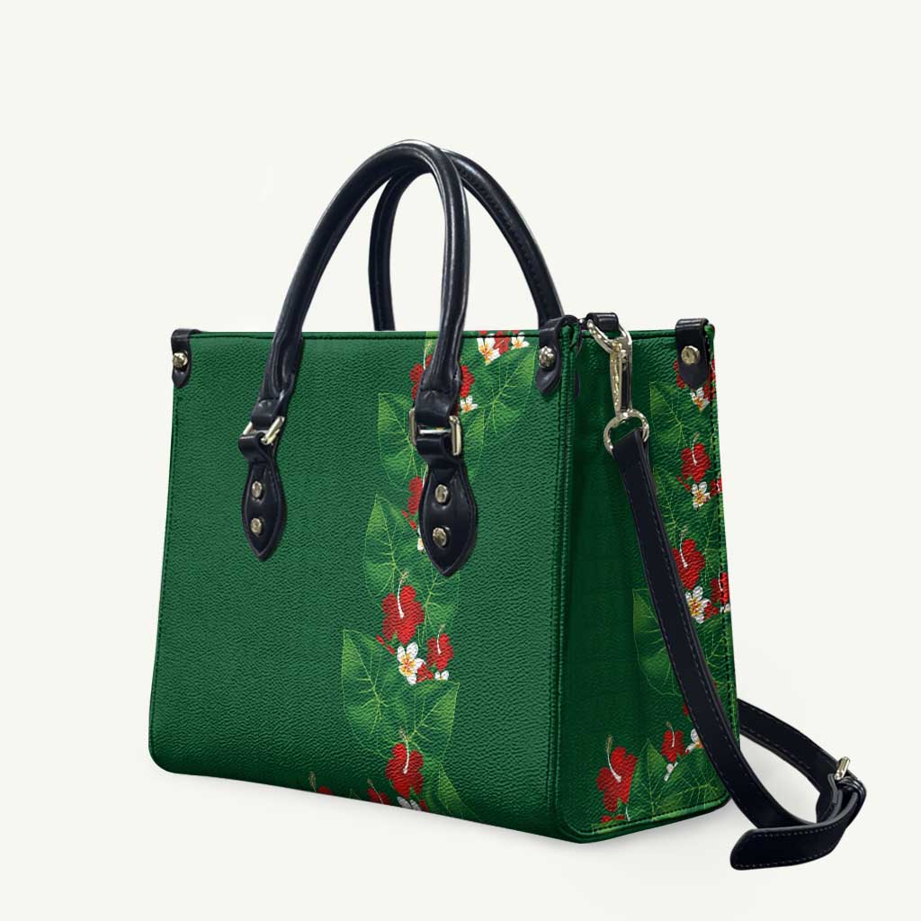 Hawaiian Taro Leaves-Hibiscus and Plumeria Leather Bag Polynesian Art-Kakau Tattoo Green LT03 Green - Polynesian Pride