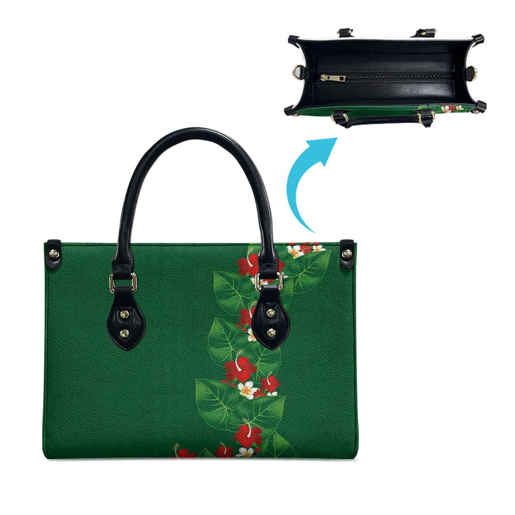 Hawaiian Taro Leaves-Hibiscus and Plumeria Leather Bag Polynesian Art-Kakau Tattoo Green LT03 - Polynesian Pride