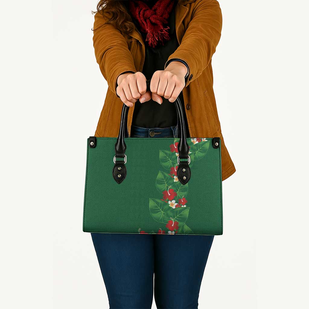 Hawaiian Taro Leaves-Hibiscus and Plumeria Leather Bag Polynesian Art-Kakau Tattoo Green LT03 - Polynesian Pride
