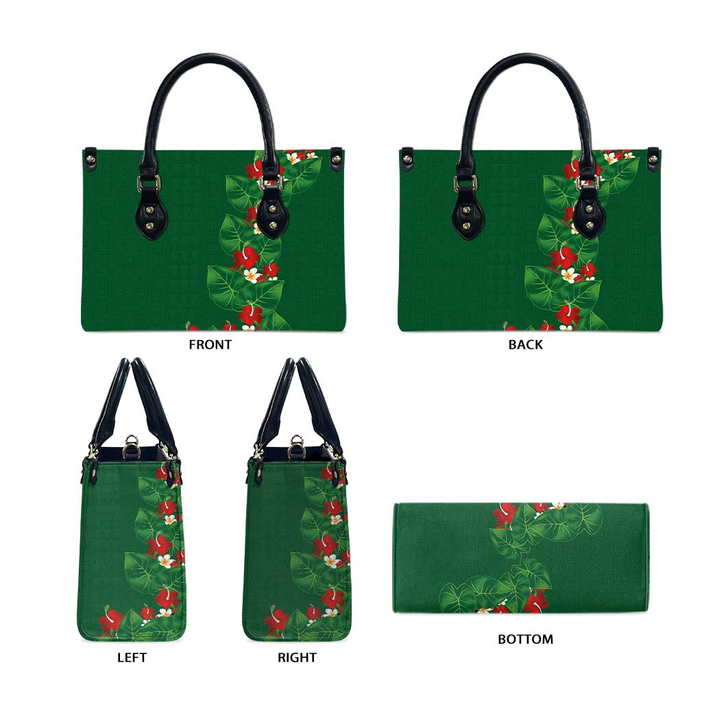 Hawaiian Taro Leaves-Hibiscus and Plumeria Leather Bag Polynesian Art-Kakau Tattoo Green LT03 - Polynesian Pride