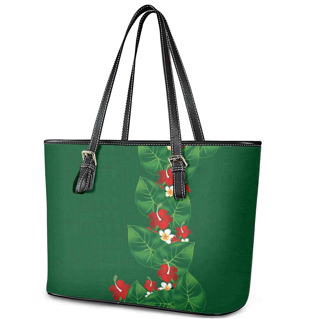 Hawaiian Taro Leaves-Hibiscus and Plumeria Leather Tote Bag Polynesian Art-Kakau Tattoo Green LT03 - Polynesian Pride