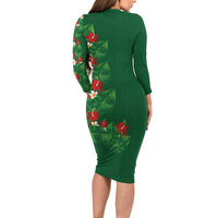 Hawaiian Taro Leaves-Hibiscus and Plumeria Long Sleeve Bodycon Dress Polynesian Art-Kakau Tattoo Green LT03 - Polynesian Pride