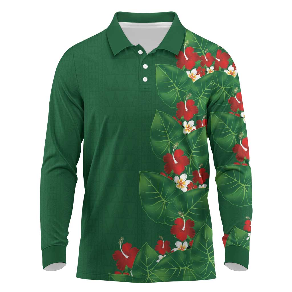 Hawaiian Taro Leaves-Hibiscus and Plumeria Long Sleeve Polo Shirt Polynesian Art-Kakau Tattoo Green LT03 Green - Polynesian Pride