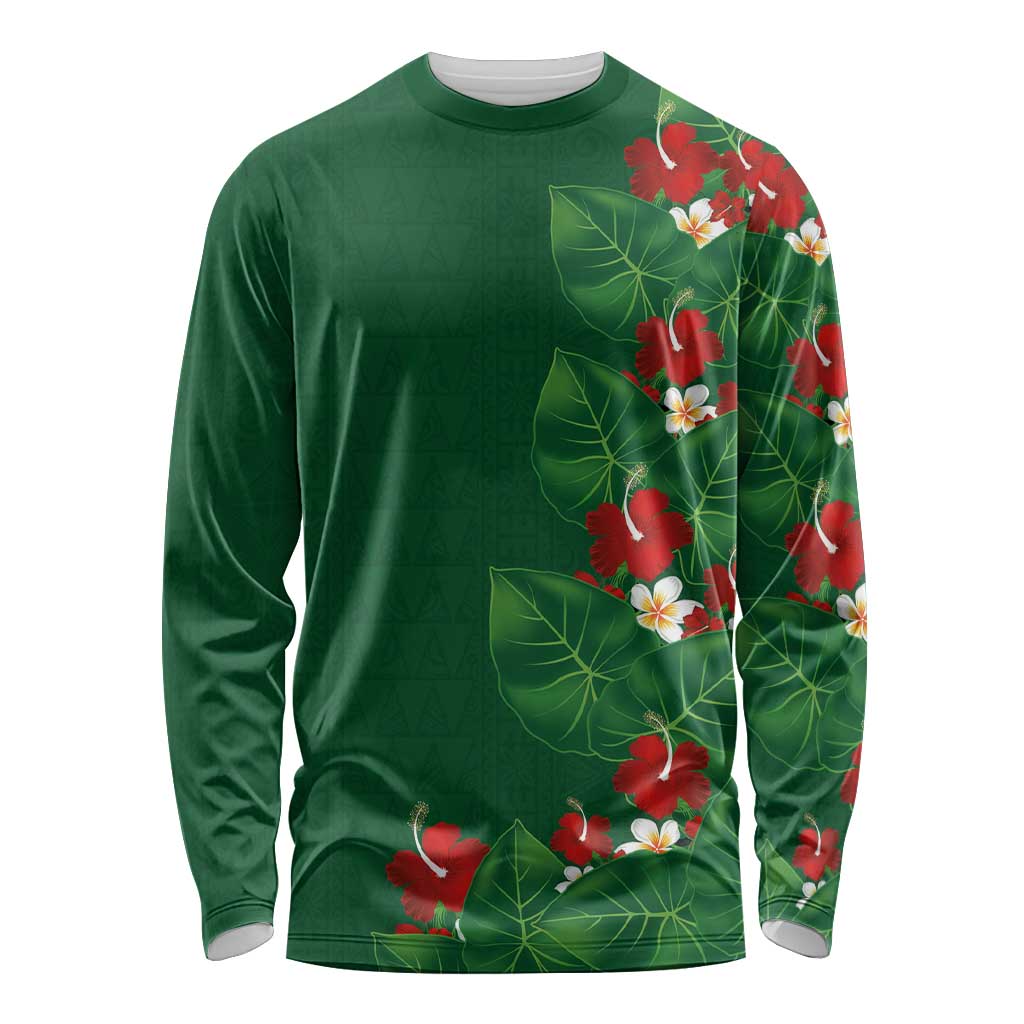 Hawaiian Taro Leaves-Hibiscus and Plumeria Long Sleeve Shirt Polynesian Art-Kakau Tattoo Green LT03 Unisex Green - Polynesian Pride