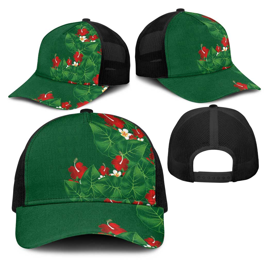 Hawaiian Taro Leaves-Hibiscus and Plumeria Mesh Trucker Cap Polynesian Art-Kakau Tattoo Green LT03 - Polynesian Pride