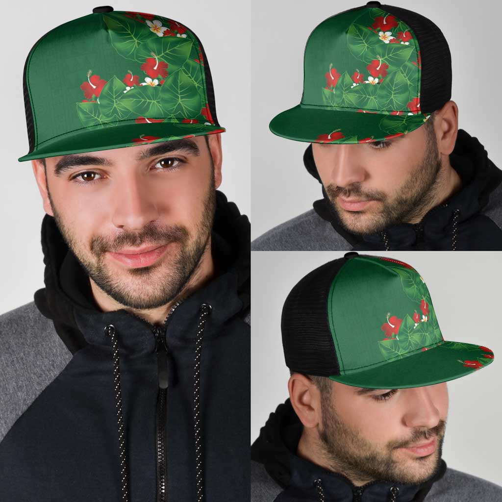 Hawaiian Taro Leaves-Hibiscus and Plumeria Mesh Trucker Cap Polynesian Art-Kakau Tattoo Green LT03 - Polynesian Pride