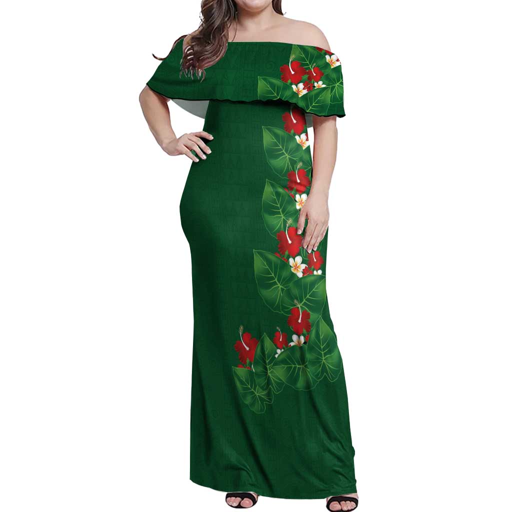 Hawaiian Taro Leaves-Hibiscus and Plumeria Off Shoulder Maxi Dress Polynesian Art-Kakau Tattoo Green LT03 Women Green - Polynesian Pride