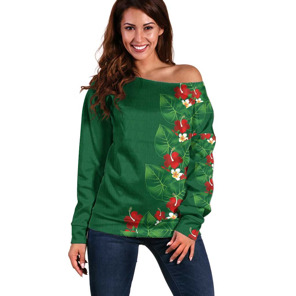 Hawaiian Taro Leaves-Hibiscus and Plumeria Off Shoulder Sweater Polynesian Art-Kakau Tattoo Green LT03 Women Green - Polynesian Pride
