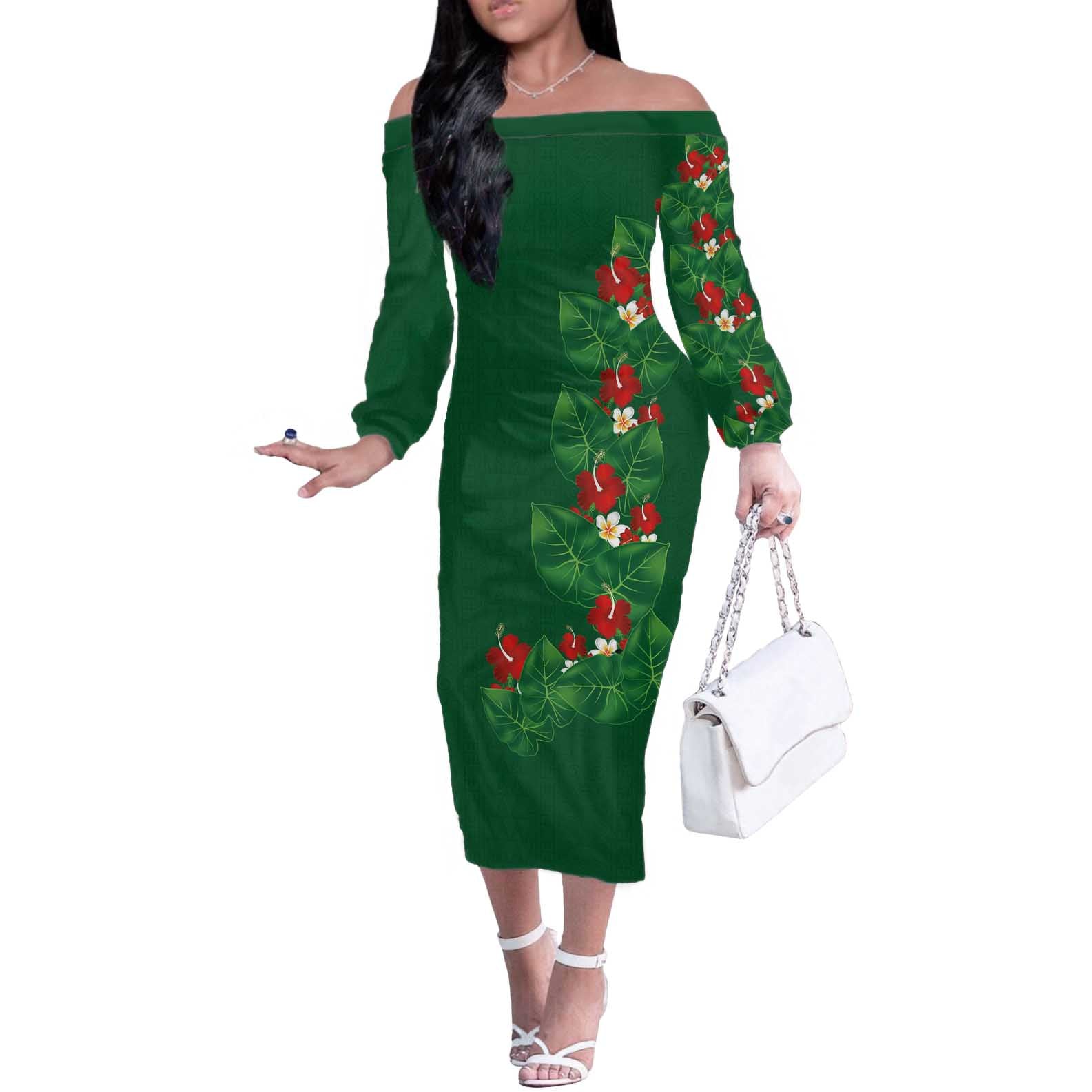 Hawaiian Taro Leaves-Hibiscus and Plumeria Off The Shoulder Long Sleeve Dress Polynesian Art-Kakau Tattoo Green