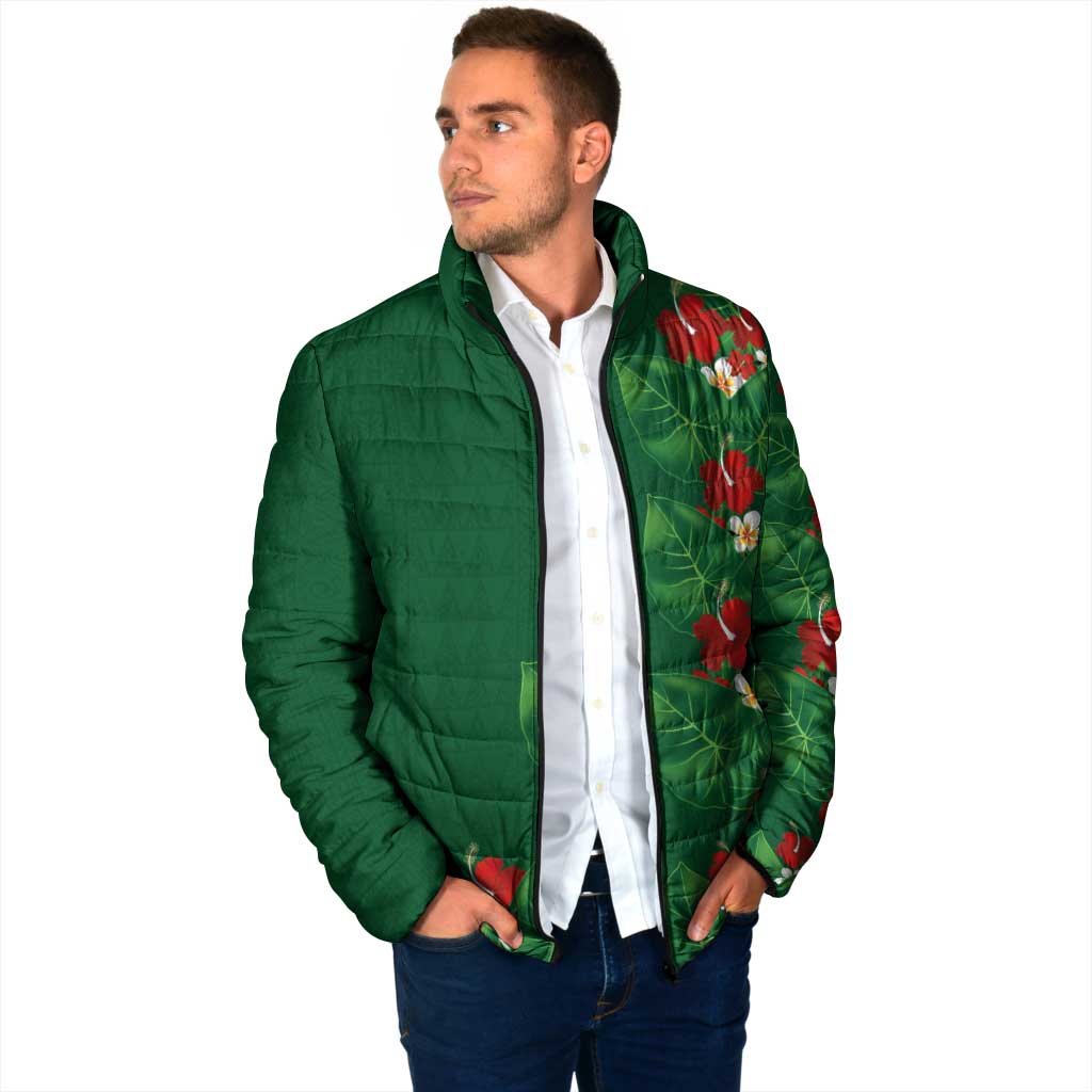 Hawaiian Taro Leaves-Hibiscus and Plumeria Padded Jacket Polynesian Art-Kakau Tattoo Green LT03 - Polynesian Pride