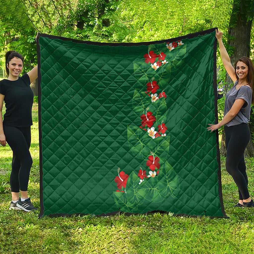 Hawaiian Taro Leaves-Hibiscus and Plumeria Quilt Polynesian Art-Kakau Tattoo Green LT03 - Polynesian Pride