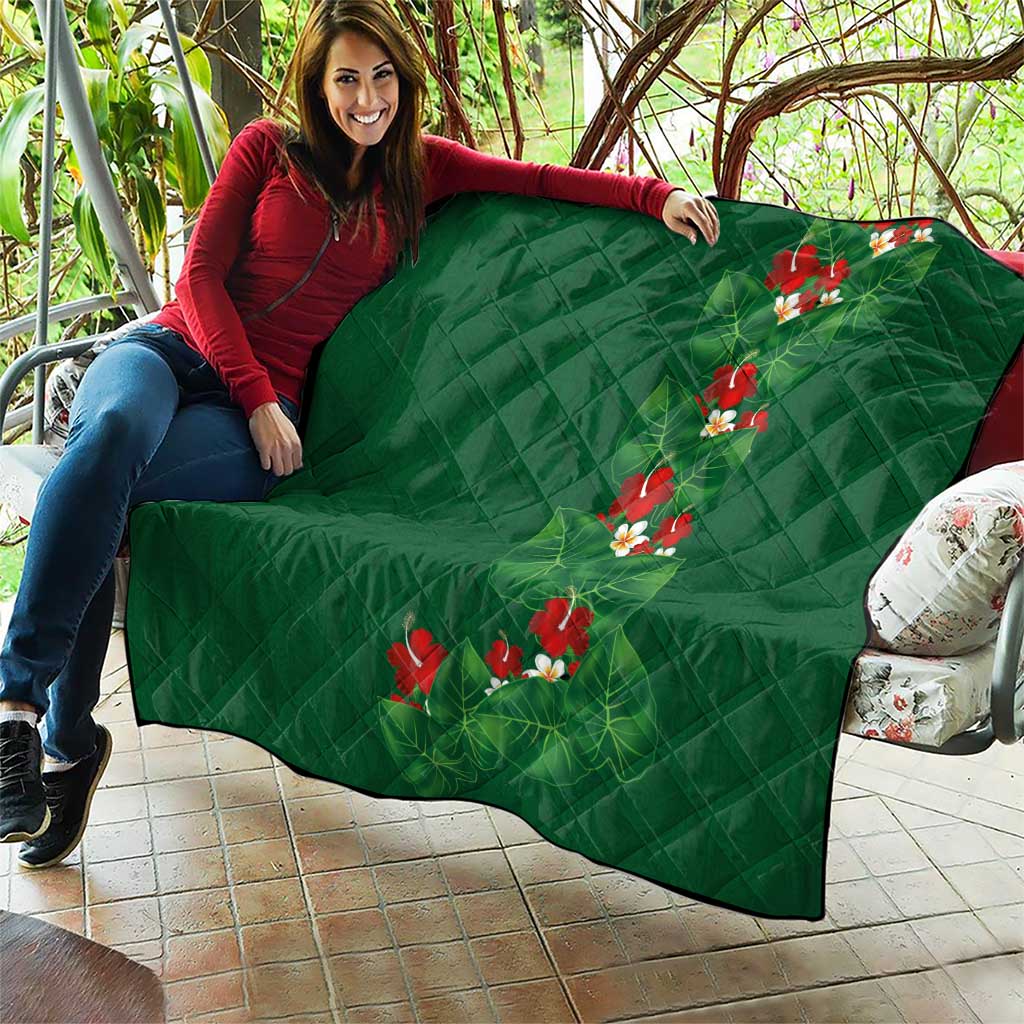 Hawaiian Taro Leaves-Hibiscus and Plumeria Quilt Polynesian Art-Kakau Tattoo Green LT03 - Polynesian Pride