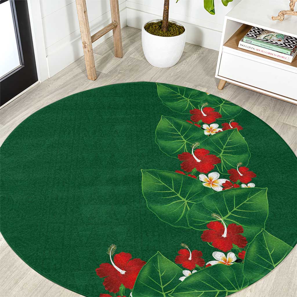 Hawaiian Taro Leaves-Hibiscus and Plumeria Round Carpet Polynesian Art-Kakau Tattoo Green LT03 Green - Polynesian Pride
