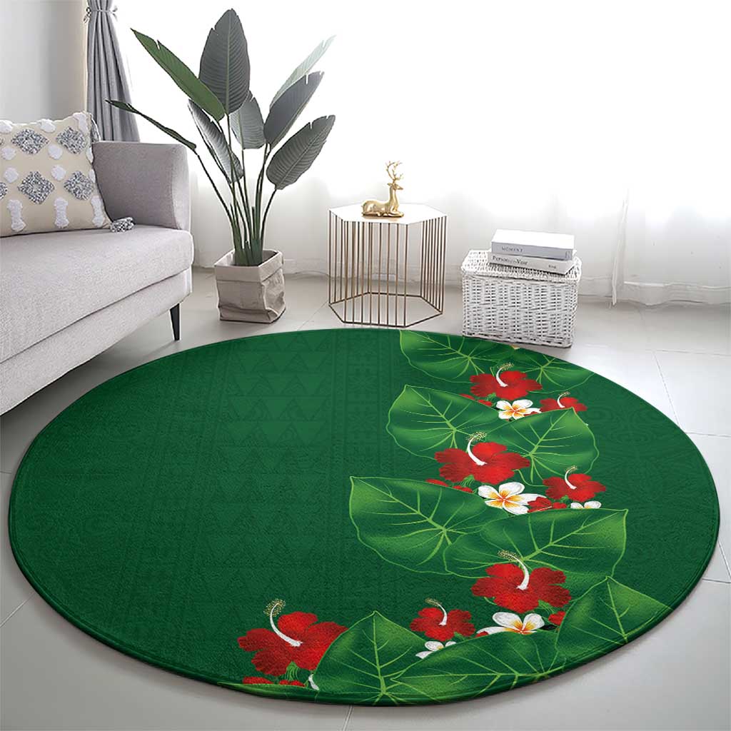 Hawaiian Taro Leaves-Hibiscus and Plumeria Round Carpet Polynesian Art-Kakau Tattoo Green LT03 - Polynesian Pride