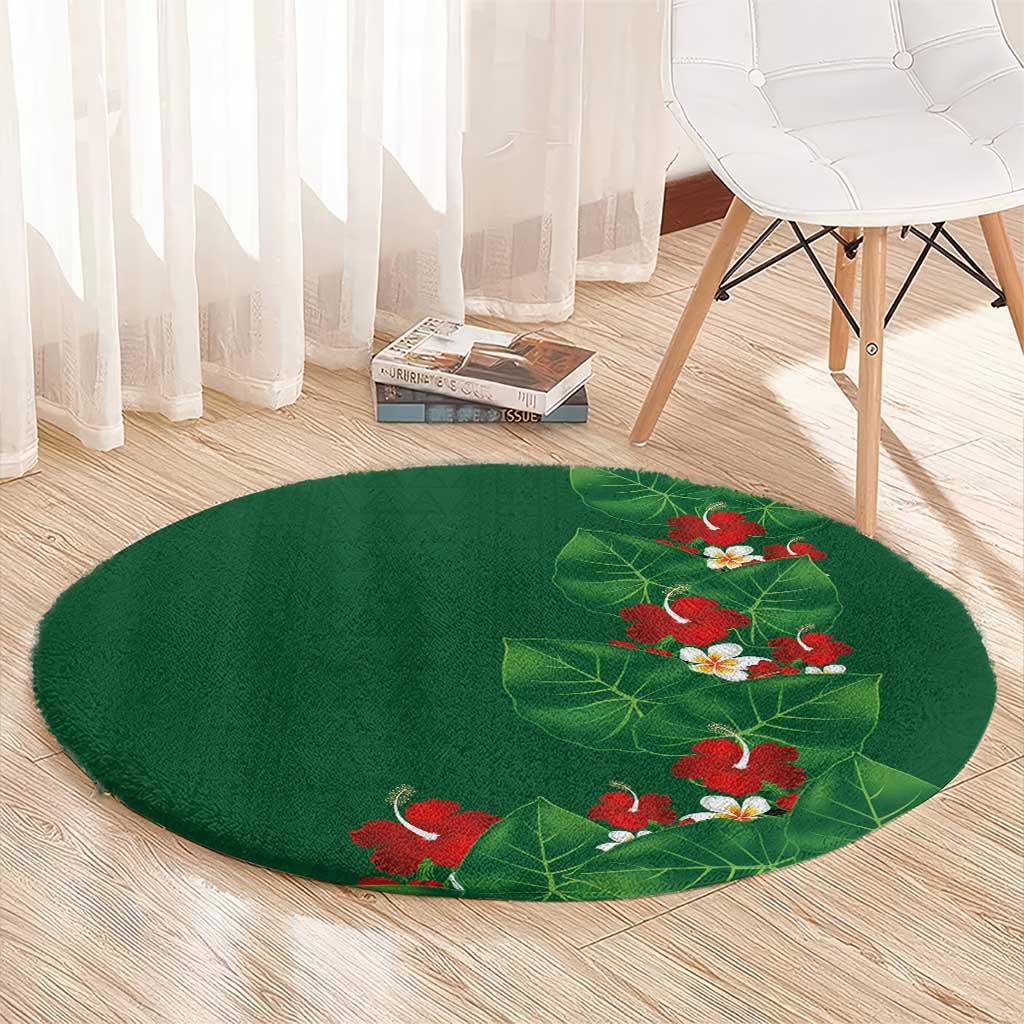 Hawaiian Taro Leaves-Hibiscus and Plumeria Round Carpet Polynesian Art-Kakau Tattoo Green LT03 - Polynesian Pride