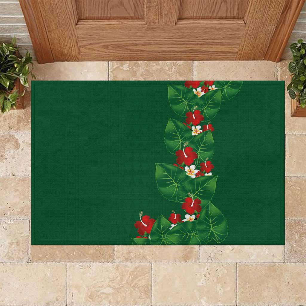 Hawaiian Taro Leaves-Hibiscus and Plumeria Rubber Doormat Polynesian Art-Kakau Tattoo Green LT03 Green - Polynesian Pride