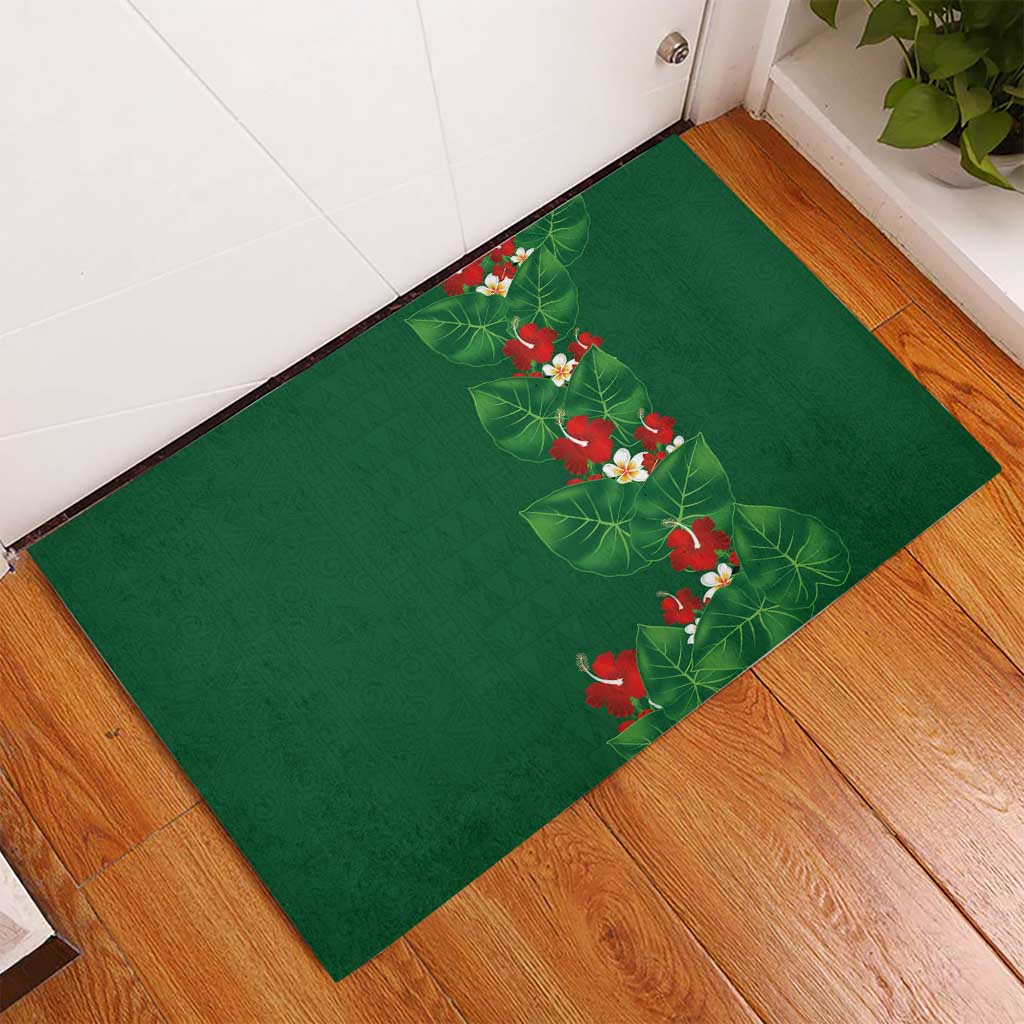 Hawaiian Taro Leaves-Hibiscus and Plumeria Rubber Doormat Polynesian Art-Kakau Tattoo Green LT03 - Polynesian Pride