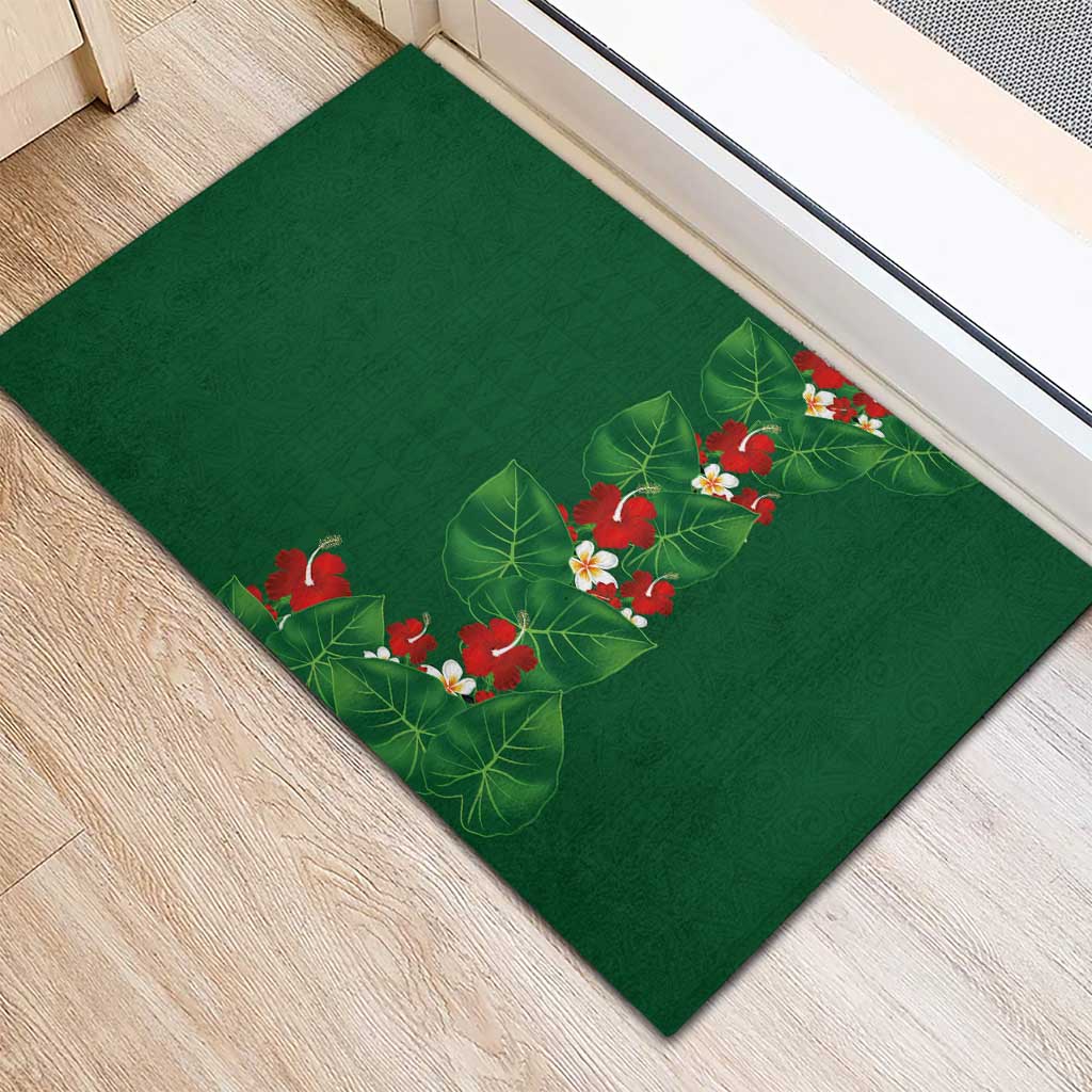 Hawaiian Taro Leaves-Hibiscus and Plumeria Rubber Doormat Polynesian Art-Kakau Tattoo Green LT03 - Polynesian Pride