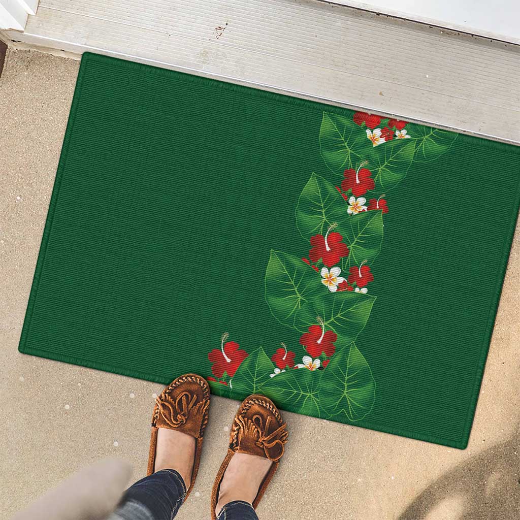 Hawaiian Taro Leaves-Hibiscus and Plumeria Rubber Doormat Polynesian Art-Kakau Tattoo Green LT03 - Polynesian Pride