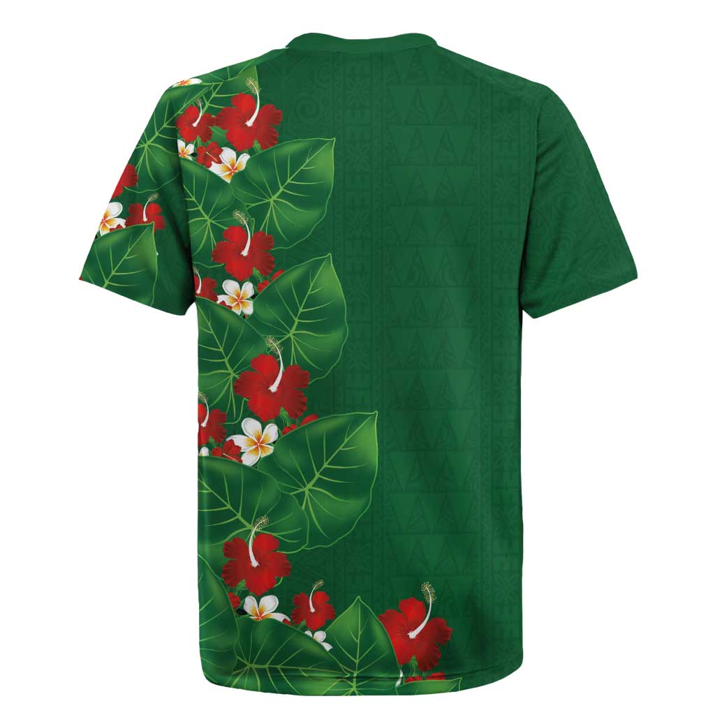 Hawaiian Taro Leaves-Hibiscus and Plumeria Rugby Jersey Polynesian Art-Kakau Tattoo Green LT03 - Polynesian Pride