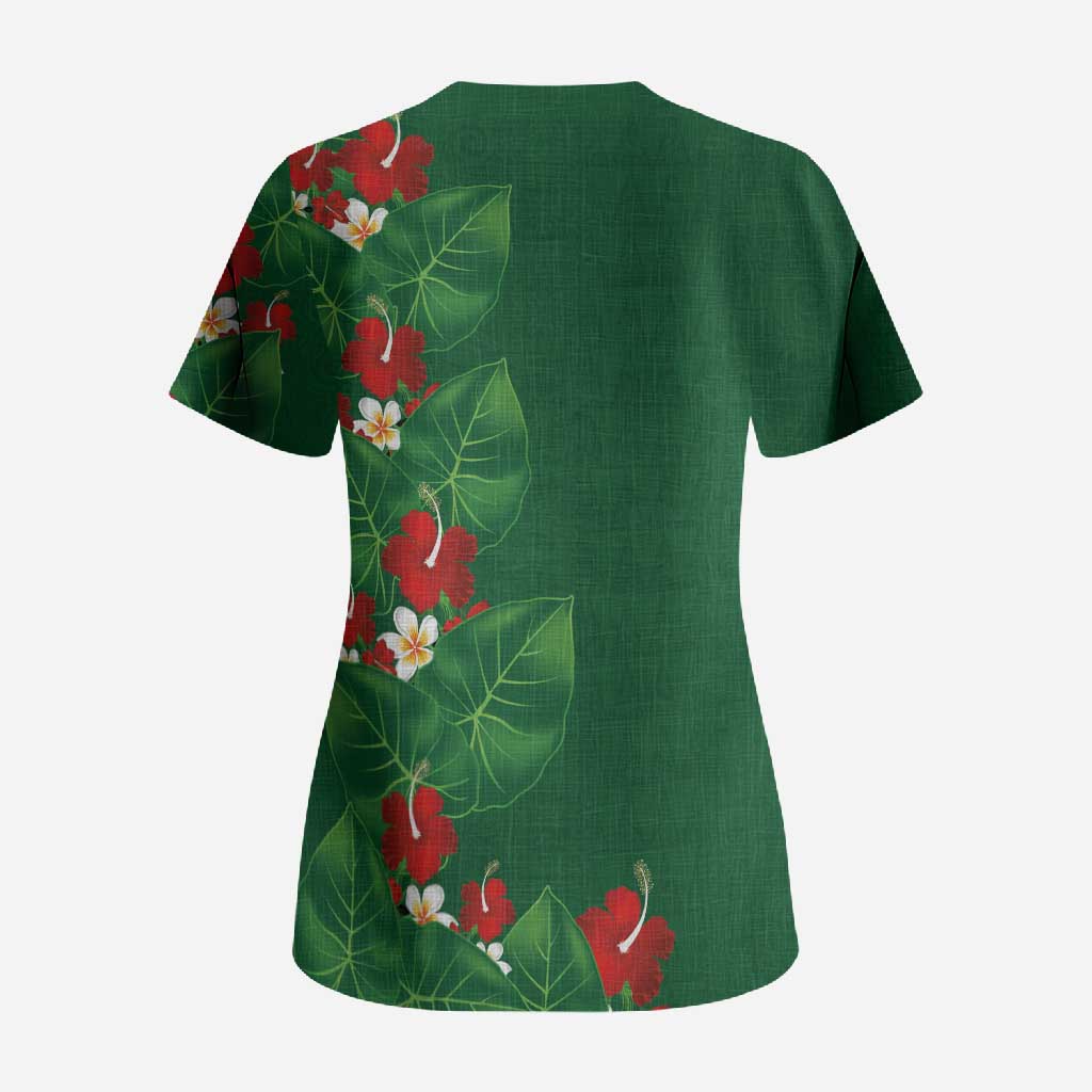 Hawaiian Taro Leaves-Hibiscus and Plumeria Scrub Top Polynesian Art-Kakau Tattoo Green LT03 - Polynesian Pride