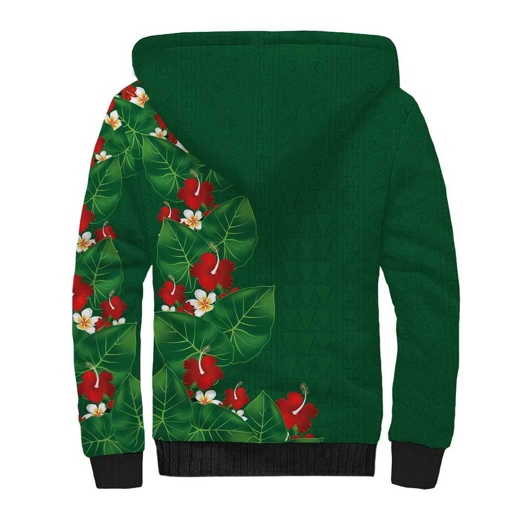 Hawaiian Taro Leaves-Hibiscus and Plumeria Sherpa Hoodie Polynesian Art-Kakau Tattoo Green LT03 - Polynesian Pride