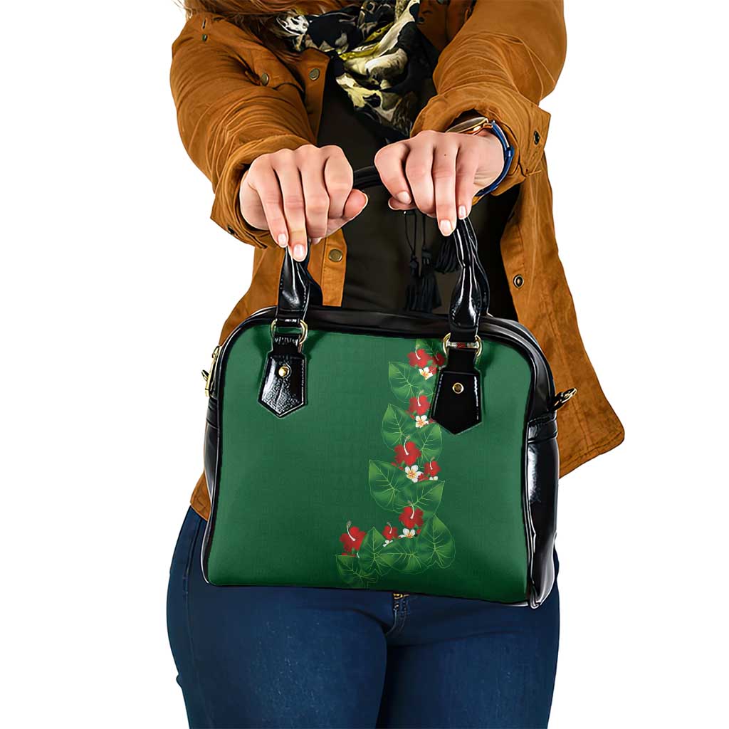 Hawaiian Taro Leaves-Hibiscus and Plumeria Shoulder Handbag Polynesian Art-Kakau Tattoo Green LT03 One Size Green - Polynesian Pride