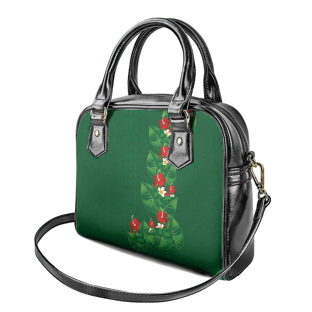 Hawaiian Taro Leaves-Hibiscus and Plumeria Shoulder Handbag Polynesian Art-Kakau Tattoo Green LT03 - Polynesian Pride
