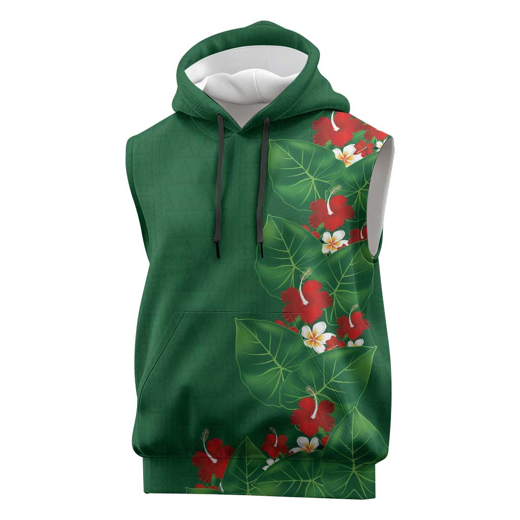 Hawaiian Taro Leaves-Hibiscus and Plumeria Sleeveless Hoodie Polynesian Art-Kakau Tattoo Green