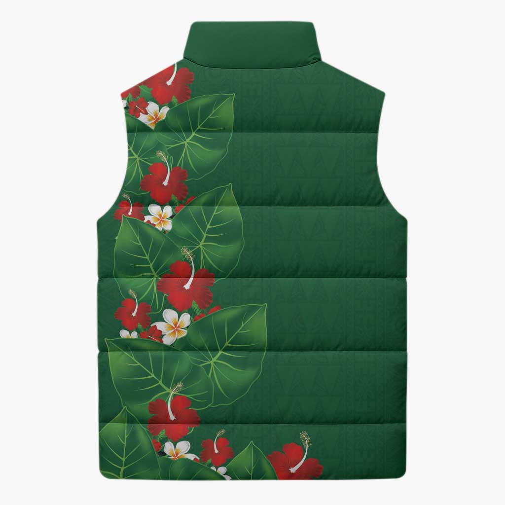 Hawaiian Taro Leaves-Hibiscus and Plumeria Sleeveless Puffer Jacket Polynesian Art-Kakau Tattoo Green LT03 - Polynesian Pride