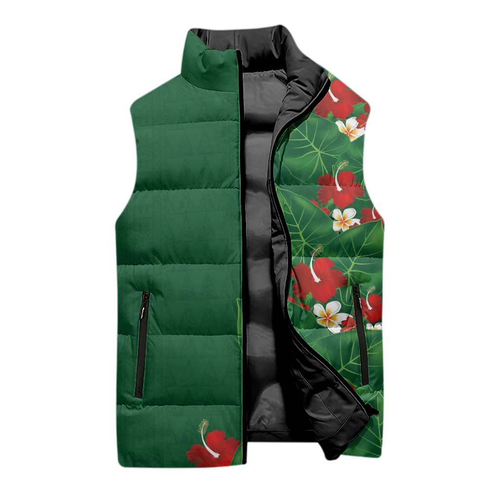 Hawaiian Taro Leaves-Hibiscus and Plumeria Sleeveless Puffer Jacket Polynesian Art-Kakau Tattoo Green LT03 - Polynesian Pride