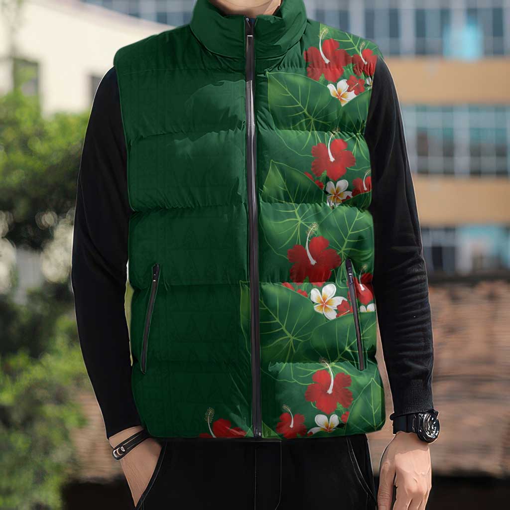 Hawaiian Taro Leaves-Hibiscus and Plumeria Sleeveless Puffer Jacket Polynesian Art-Kakau Tattoo Green LT03 - Polynesian Pride